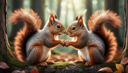 Obraz premium a heartwarming, ultra-realistic fantasy illustration of two adorable squirrels in a mystical forest setting