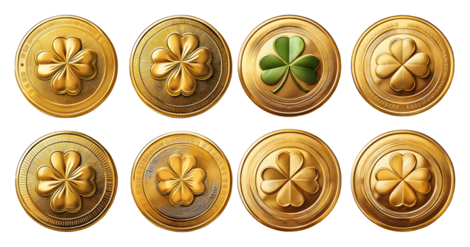 Golden Coins with Four-Leaf Clover Symbol for Good Luck Charm, Bundle Set Collection, Isolated on Transparent Background