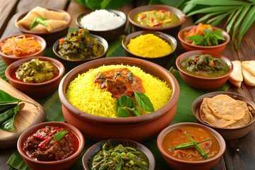 Fototapeta premium Authentic Sri Lankan Rice and Curry Platter Display - A Visual and Culinary Feast