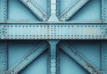 Fototapeta premium Abstract close-up of a blue steel bridge structure showcasing intricate patterns and textures, creating a visually striking industrial backdrop for design projects
