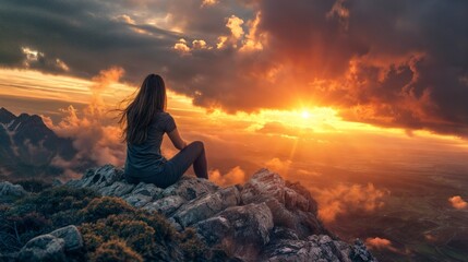 A woman sits on a rocky mountain peak, gazing at the vibrant sunset over vast landscapes, surrounded by dramatic golden clouds..