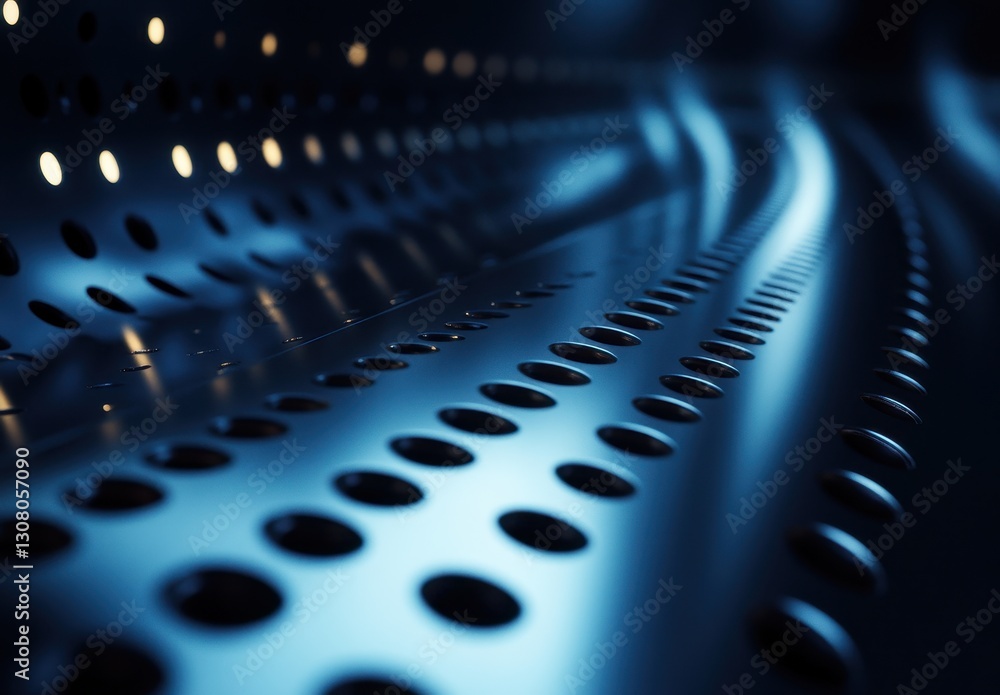 Poster abstract close-up of industrial metallic surface with perforated patterns and blue lighting, ideal f