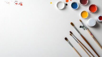 Flat lay of paintbrushes and paint pots on white background with copy space.