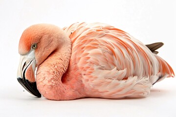 Fototapeta premium Pink flamingo resting, white background, zoo animal portrait, wildlife photography