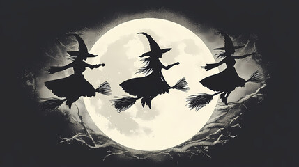 Three witches flying on brooms. Bewitching - Moon. Illustration