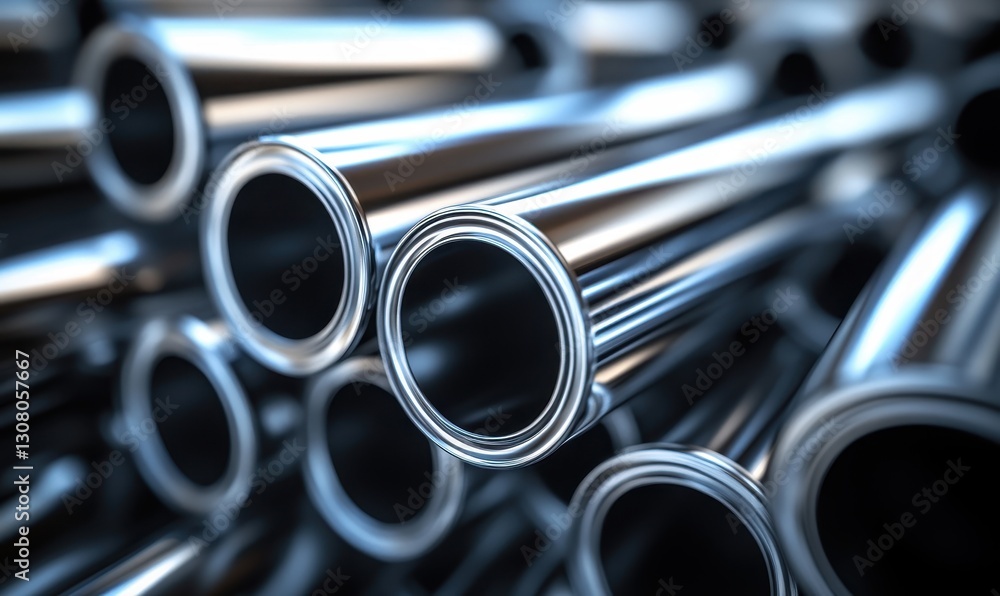 Poster abstract close-up of shiny metallic tubes arranged in a dynamic pattern with reflections and highlig