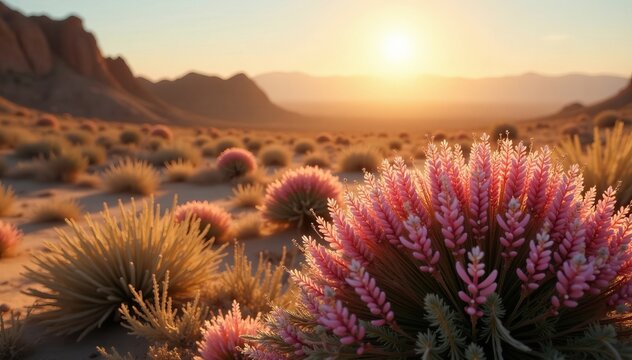 Breathtaking mulla mulla blossoms under the warm rays of the sun in the desert, sunlight, scenic