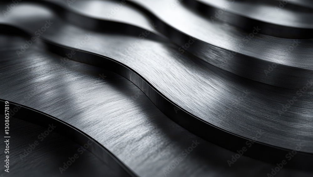 Poster abstract close-up of sleek metallic surface with flowing waves and fine textures, creating a dynamic