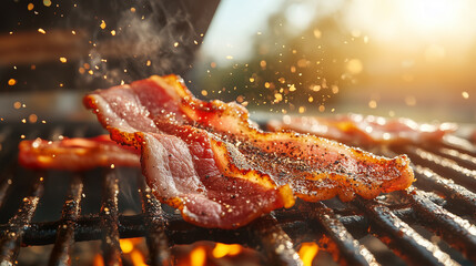 Grilled Bacon, Close up shot of shallow depth of field, highlighted Grilling on barbecue grill, with flames amidst raging flames and smoke, with volumetric effects bokeh background.