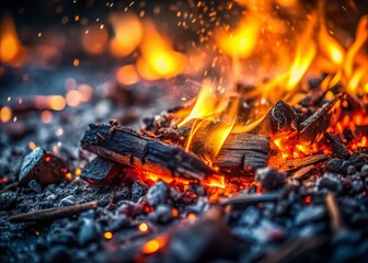 Close-up of Gray Ashes, Shallow Depth of Field, Dramatic Lighting, Fire Remnants Background Stock Photo