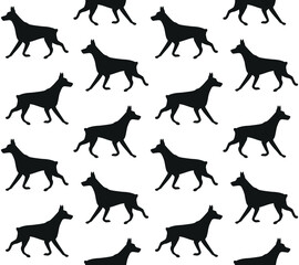 Vector seamless pattern of flat hand drawn doberman dog silhouette isolated on white background