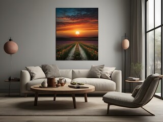  Elegant Living Room with Sunset Artwork
