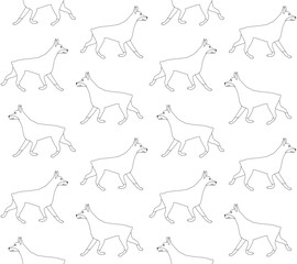 Vector seamless pattern of flat hand drawn outline running doberman dog isolated on white background