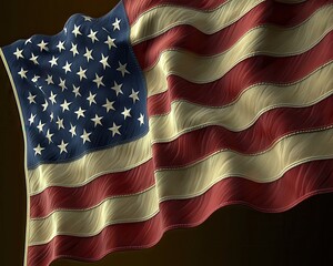 A vibrant American flag, adorned with white stars on a deep blue field, gracefully waves against a rich, dark background, creating a striking contrast that highlights its colors.