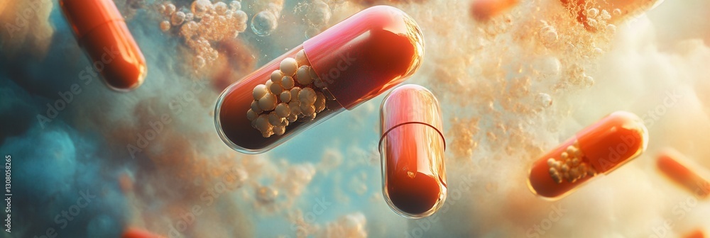 Aufkleber floating capsules dissolve into molecular structures in vibrant abstract medical illustration genera