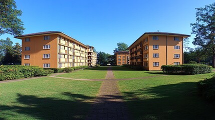 Fototapeta premium Sunny residential buildings, courtyard, tropical setting, ideal for housing stock photos