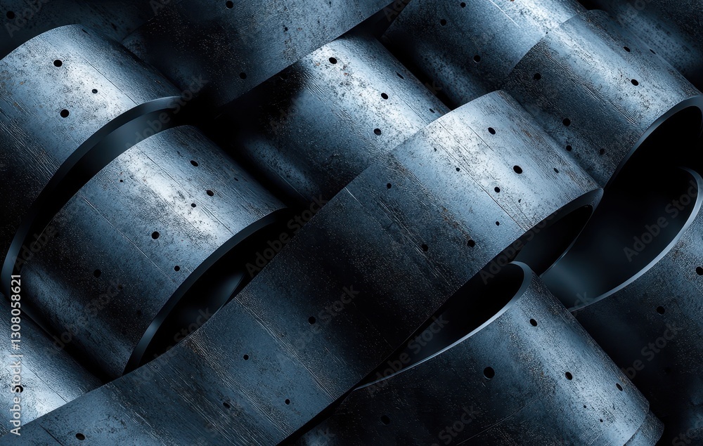 Poster abstract close-up view of interwoven metallic rings with a textured surface, creating a dynamic patt