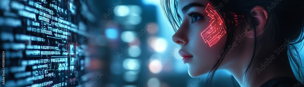 Poster futuristic scene of a woman listening to a cuttingedge ai translator, neon data streams processing l