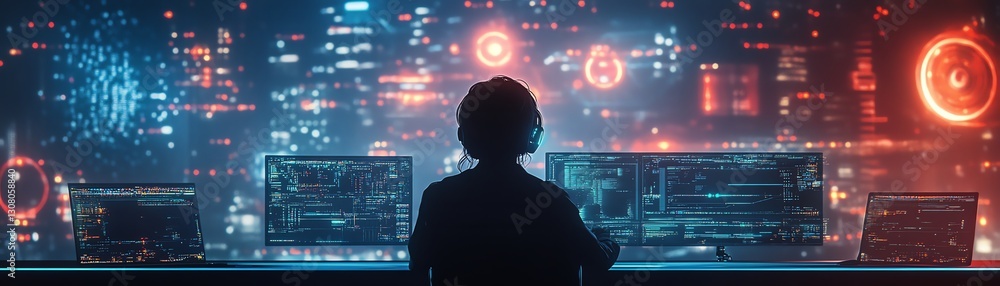 Poster futuristic scene of a woman listening to a cuttingedge ai translator, neon data streams processing l