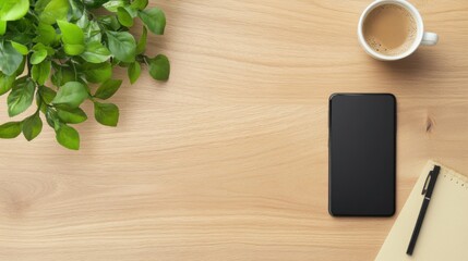 Flat lay of wooden desk with smartphone, coffee cup, notepad, and plant. Ample copy space.