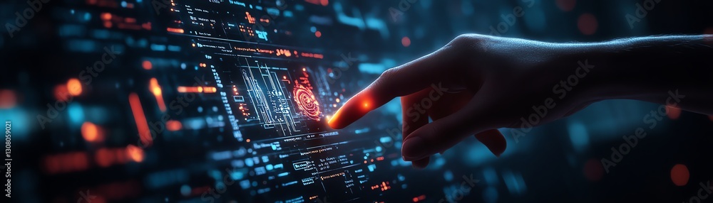 Aufkleber futuristic tech company interface, glowing interactive buttons, ai testing phase highlighted, and a 