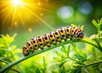 Fototapeta premium Close-up of Yellow Zygaena Caterpillar on Meadow Leaves with Bokeh Effect