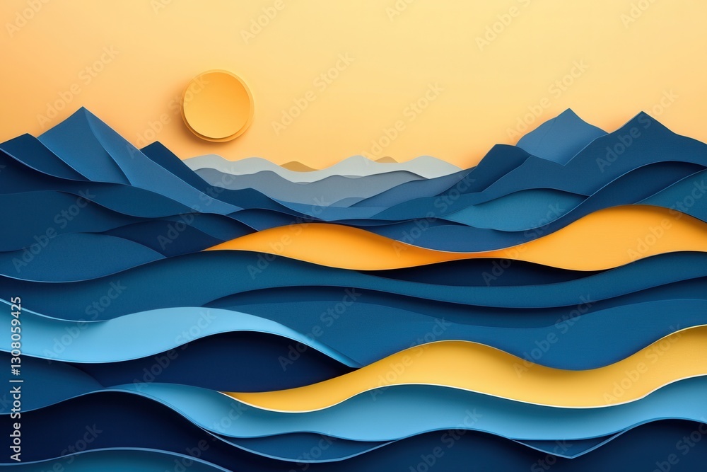 Poster vibrant layered paper art depicting rolling waves and mountains under a warm sun, creating a dynamic