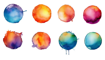 colorful set of watercolor splash stains isolated on white or transparent png
