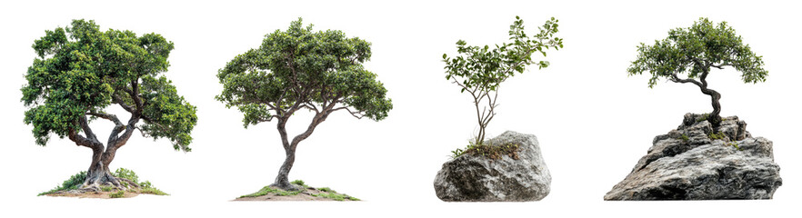 Four Unique Trees Displaying Diverse Shapes and Textures in Nature, PNG bundle collection, Isolated on Transparent Background