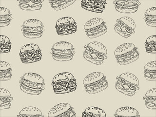 	
doodle burger pattern background. doodle fast food burger seamless pattern background. seamless pattern of hamburger in doodle style. Seamless Pattern of a Cheese Burger or Hamburger