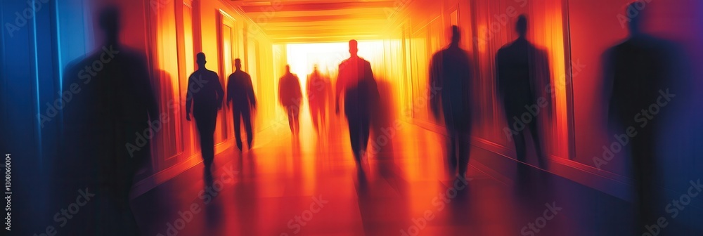 Poster dark corridor filled with ghostly figures and flickering lights creates a chilling horror atmosphere