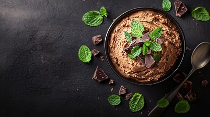 Chocolate mint ice cream bowl, dark background, dessert