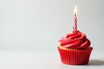 Bright red birthday cupcake with lit candle on top, isolated on white background, confectionery, flame