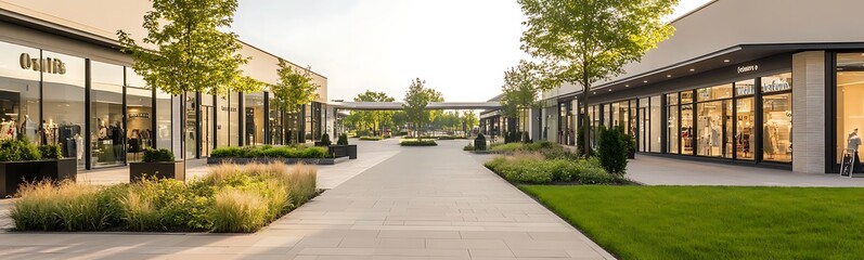 Modern shopping center featuring landscaped walkways and retail storefronts under bright daylight.
