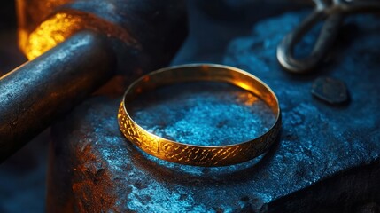 Golden Bracelet Resting on Anvil with Hammer in Background