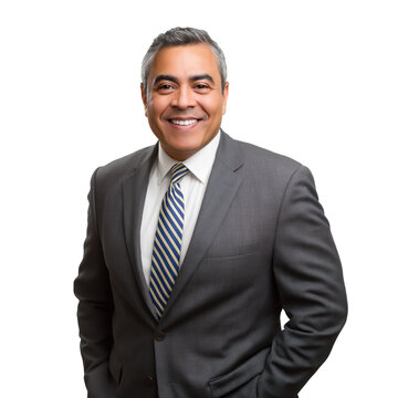 portrait of a handsome mature Hispanic businessman in blue suit, isolated on white transparent background