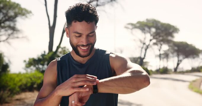 Man, running and happy with smart watch, check or timer in street for training, speed or target. Person, outdoor and digital clock for exercise, fitness and smile for results, monitor or fast in Peru