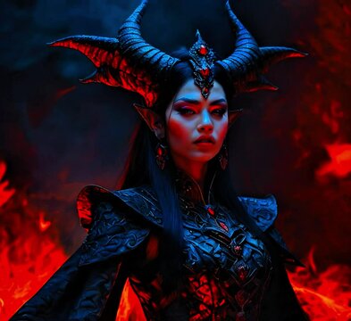 The goddess of death in hell, hellfire and female devil with black horns, satanic demonic goth woman in black standing in hell with red fire in the background, evil wearing crown in hell generative AI