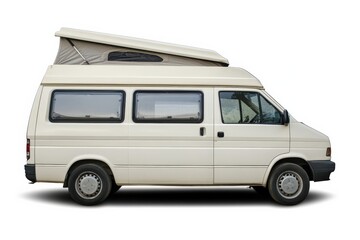 Campervan for pop-top roof, travel vehicle, white background.