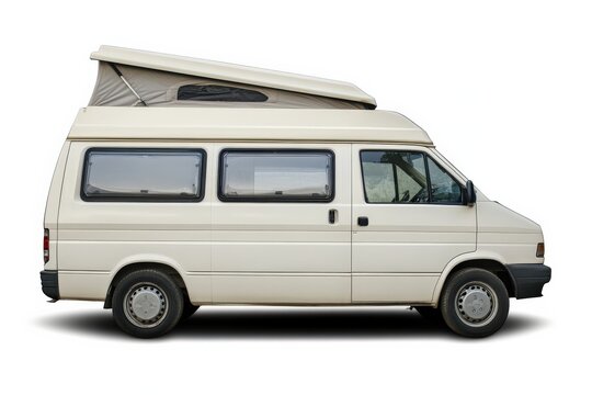 Campervan for pop-top roof, travel vehicle, white background.