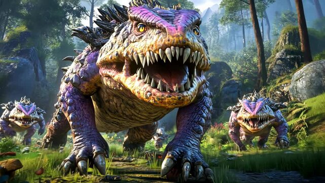 Massive lizard-like creatures roam through a vibrant forest under soft sunlight