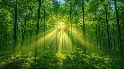 Fototapeta premium Sunlight beams through lush forest canopy