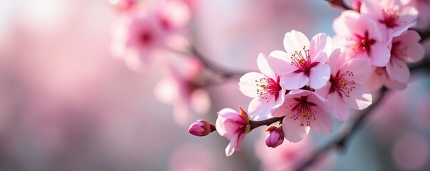 Cherry blossom tree branches with delicate pink flowers and buds, flora, cherry tree