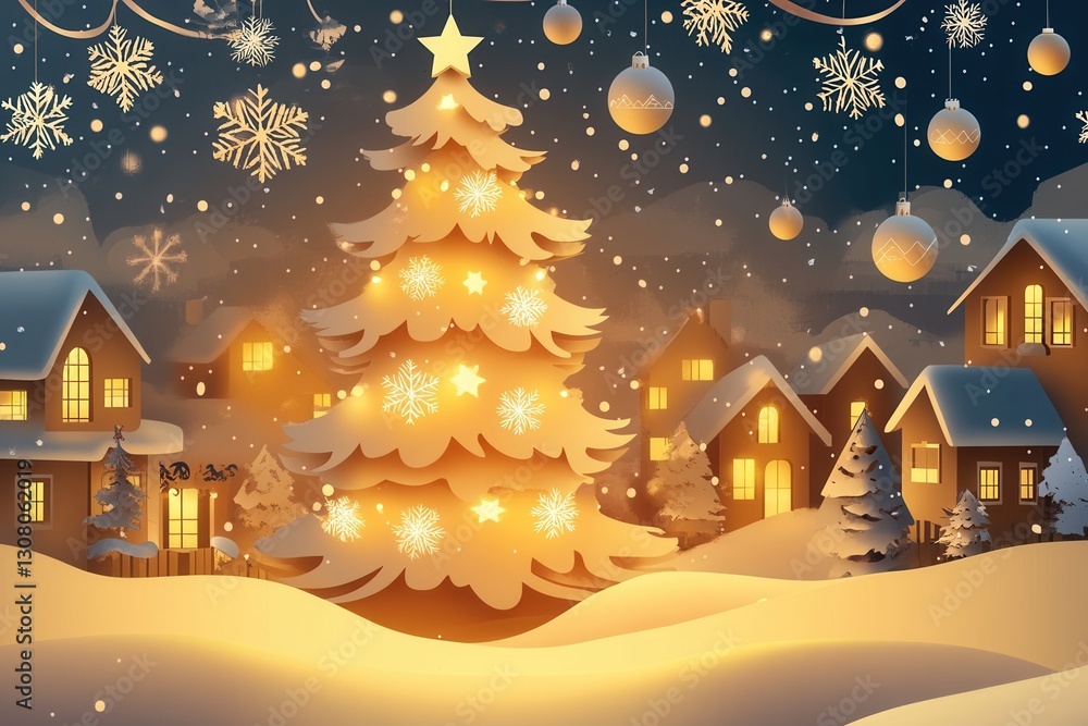 Poster embracing festive cheer with a glowing christmas tree and charming snowy village at night generative