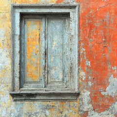 A weathered window set into a rustic wall, showcasing layers of peeling paint in faded hues. The texture reveals the building's age, adding character and charm to the scene.