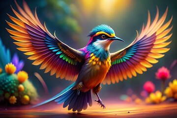 Fototapeta premium Colorful Bird, Wings Spread, Tilt-Shift Miniature, Avian Wildlife, Fantasy Bird