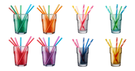 Collection of Colorful Straws in Clear Glasses on a White Background, PNG bundle collection, Isolated on Transparent Background