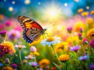 Colorful Butterfly Resting on Flower in Blooming Meadow - Bokeh Effect Stock Photo