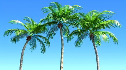 Three palm trees against a clear blue sky, tropical vacation paradise