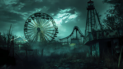 Sinister carnival landscape with abandoned rides and eerie atmosphere. dark carnival. illustration. Eerie - Lighthouse. Illustration